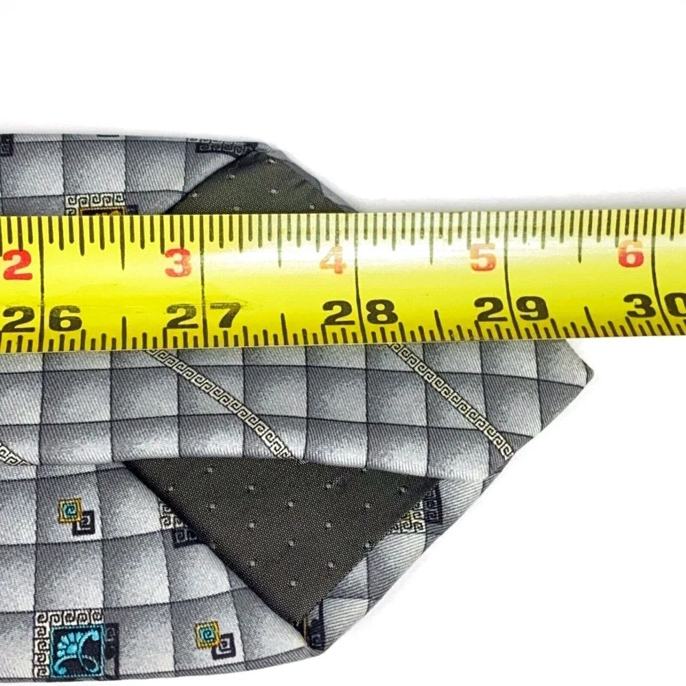 GIANNI VERSACE Vintage 90s Tie Baroque Flower Medusa Grey Squares Plaid Necktie - Picture 12 of 12